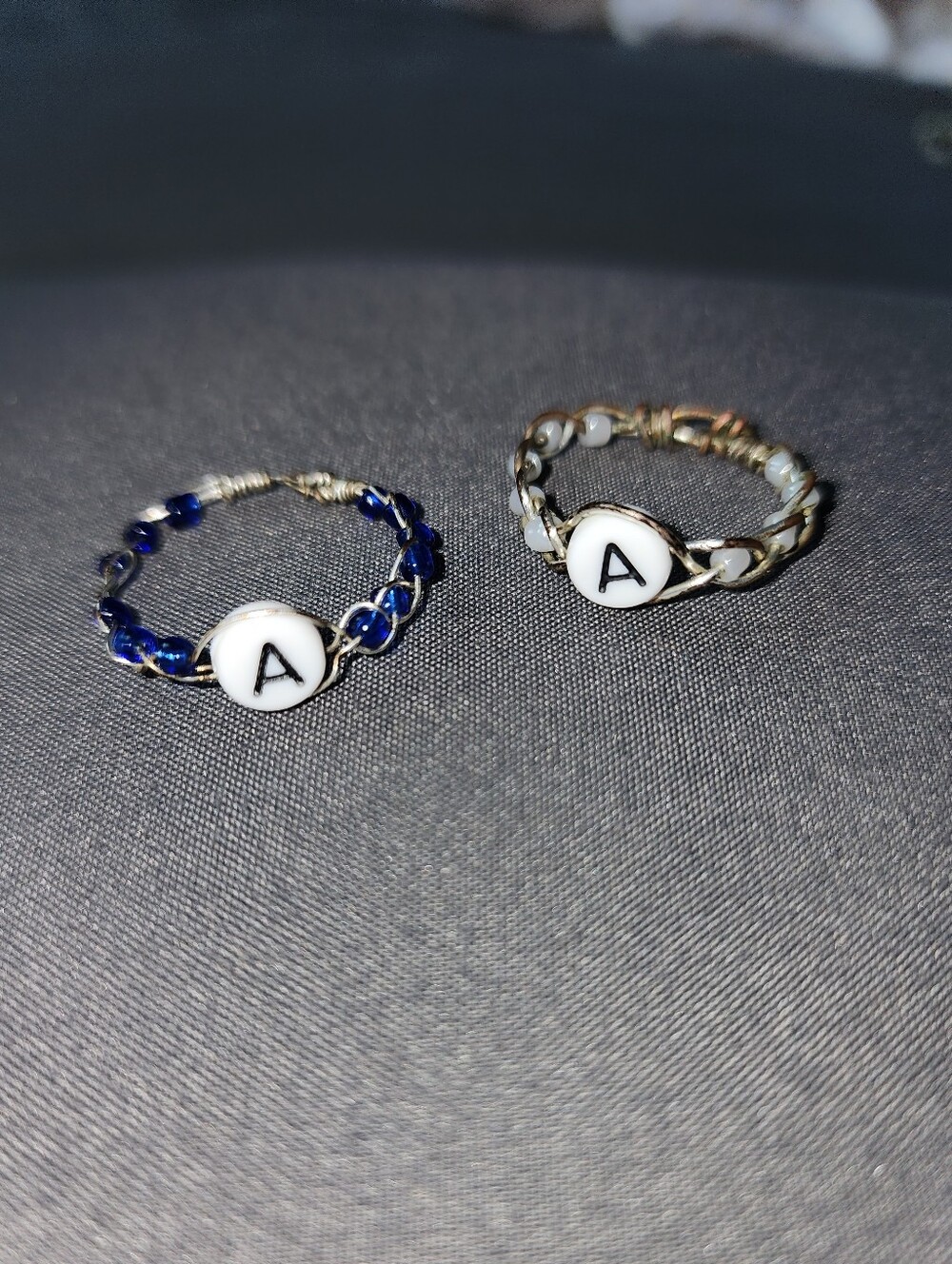 Beaded Initial 'A' Rings - Blue and White Bead